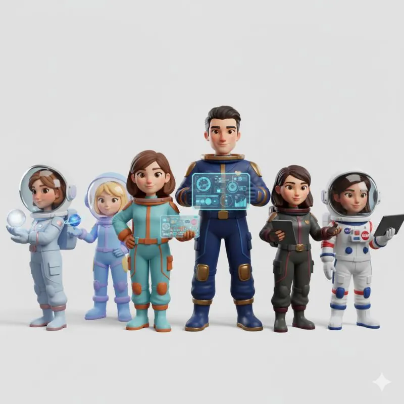 Eduspaceno.com AI guide characters: Nova, Vega, Orion, Luna and Nora