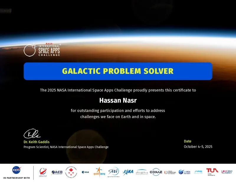 NASA Space Apps 2025 “Galactic Problem Solver” certificate